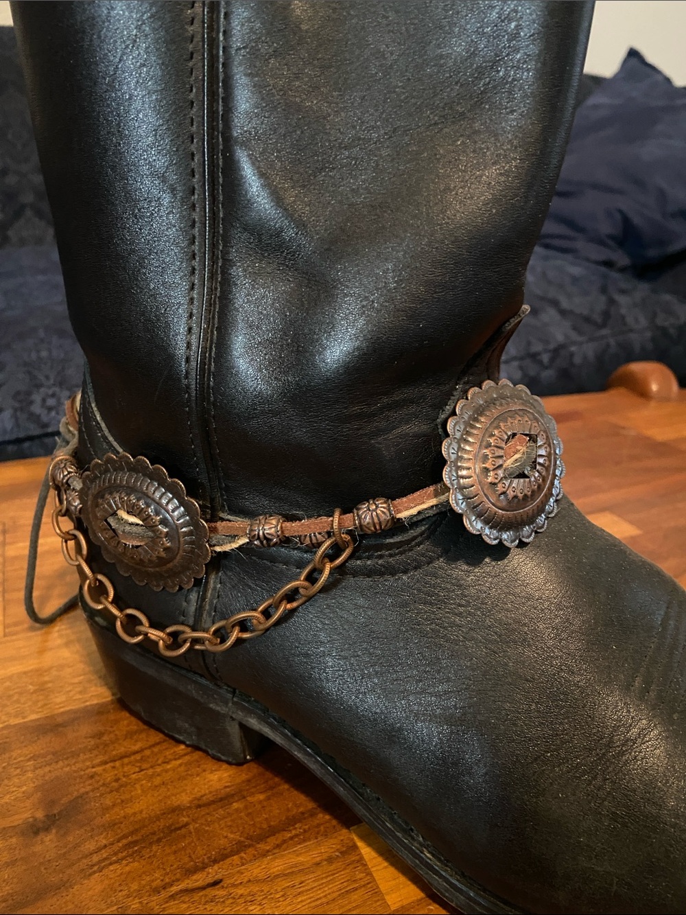 Brown Men's Leather Western Boot Bracelet with Decorative Conchos